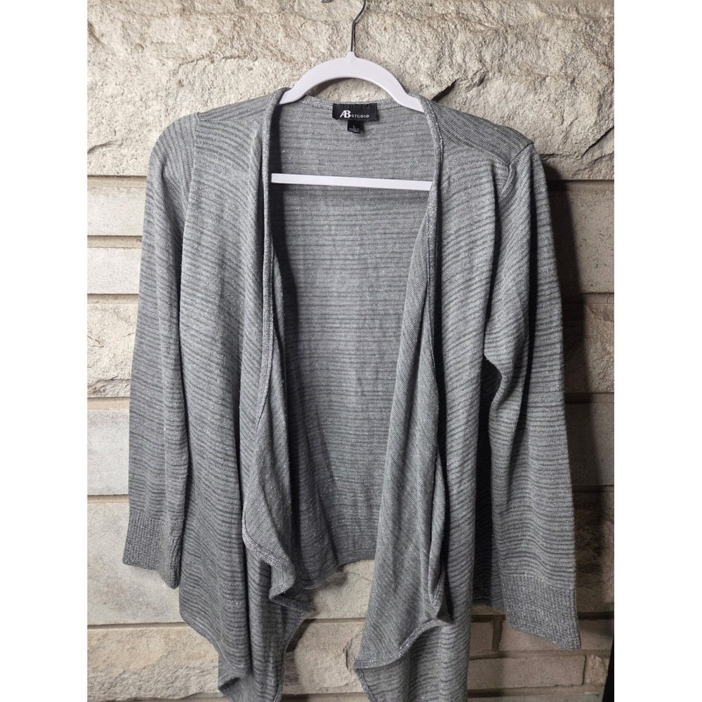 AB Studio Womens Grey Silver Metallic Shimmer Open Front‎ Waterfall Cardigan L